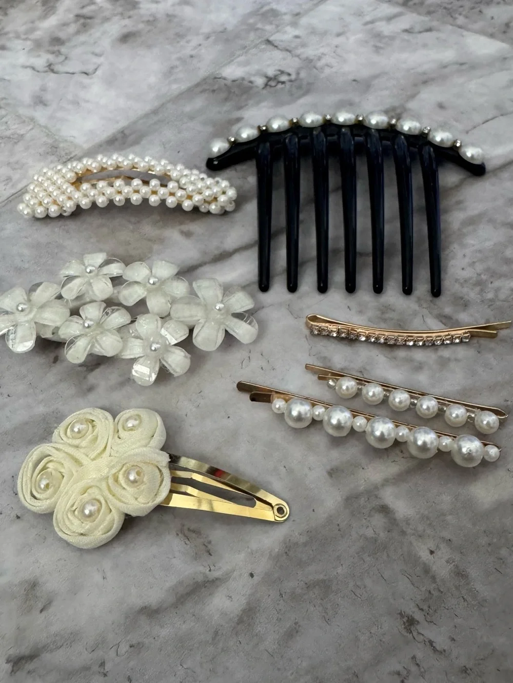 Pearl and Floral Hair Clip Set - Ivory and Black